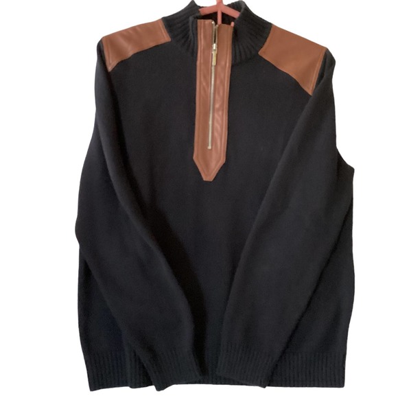 Ralph Lauren Leather Trim Black Men’s 1/4 Zip Sweater No Tags - Picture 3 of 7